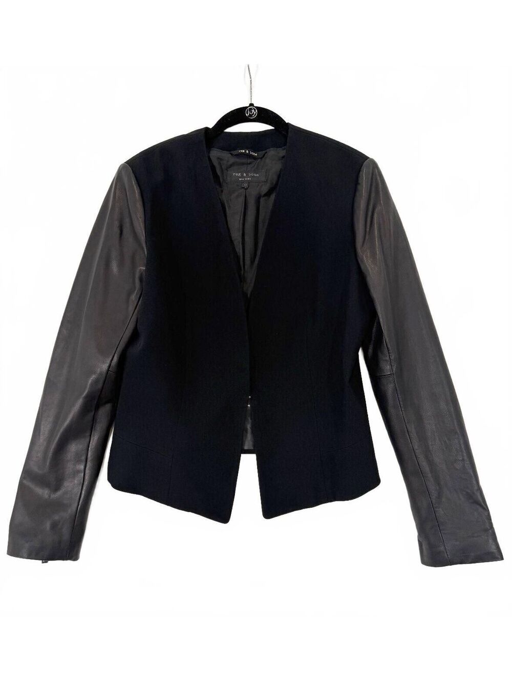 Rag & Bone Pascal Black Wool Blazer Genuine Lambskin Leather Sleeves Jacket 10